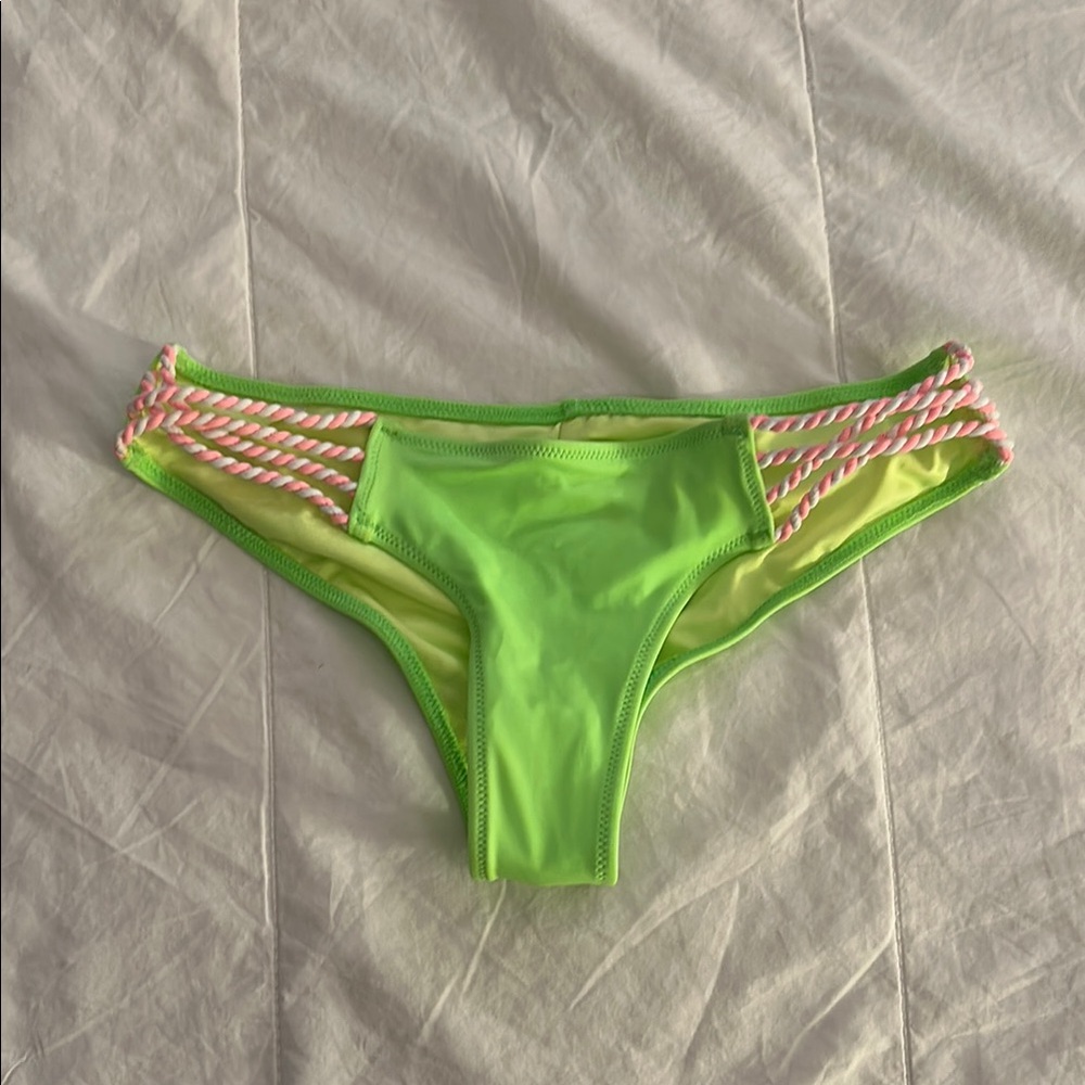 Neon Green Bikini Bottom with Pink and White Straps